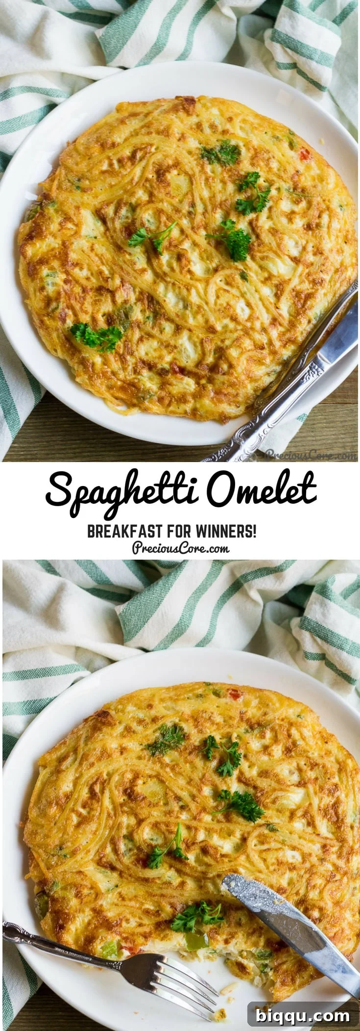 Collage with text "Spaghetti Omelet Breakfast for Winners!" featuring the delicious dish