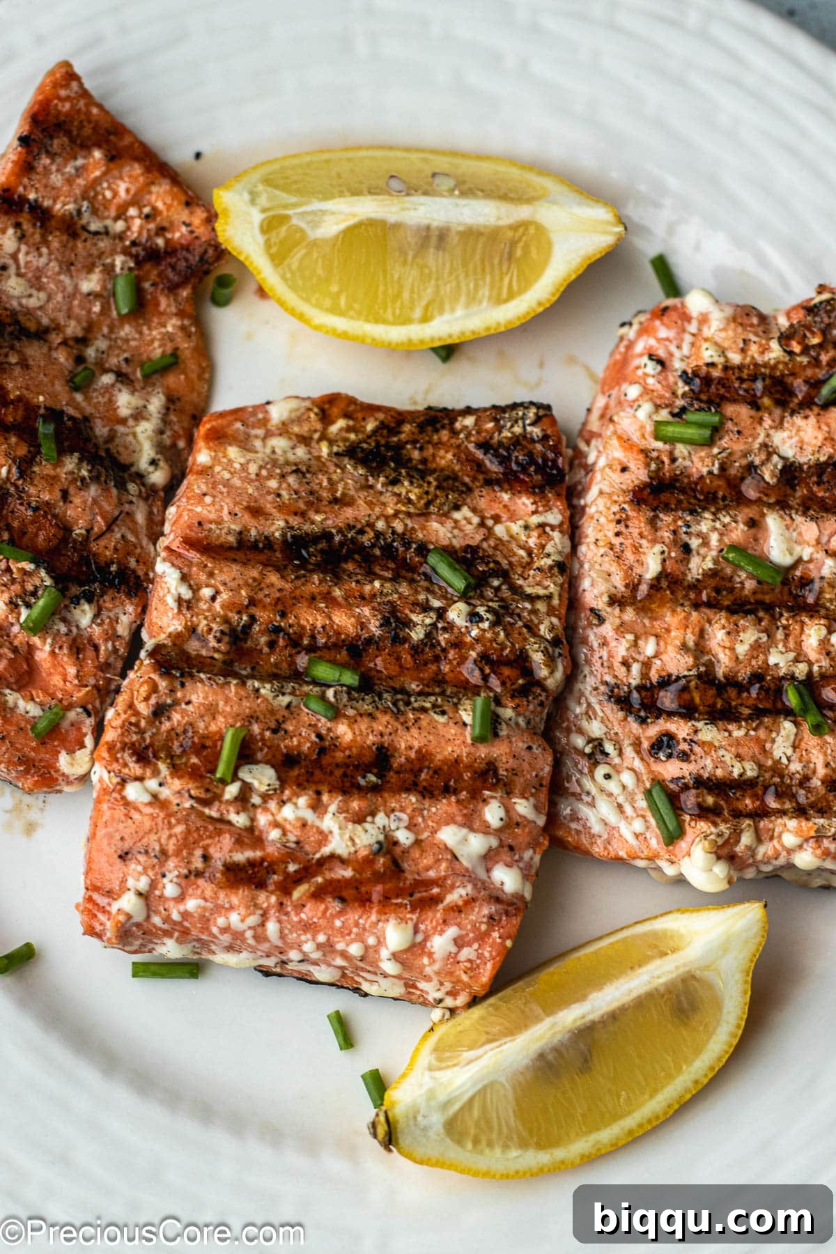 Grilled Sockeye Salmon steaks arranged neatly on a pristine white plate, showcasing their inviting grill marks and vibrant orange hue.