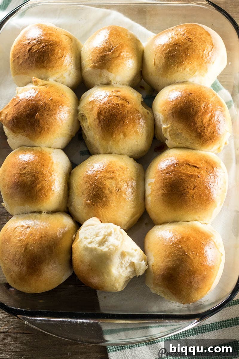 Baking dish of golden-brown sweet dinner rolls, fresh from the oven, radiating warmth and deliciousness.