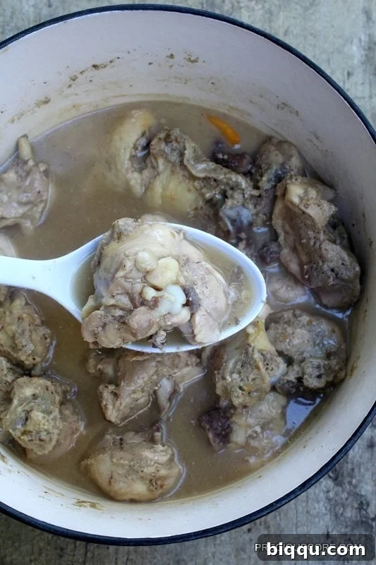 Delicious and spicy chicken pepper soup in a bowl, garnished with herbs.