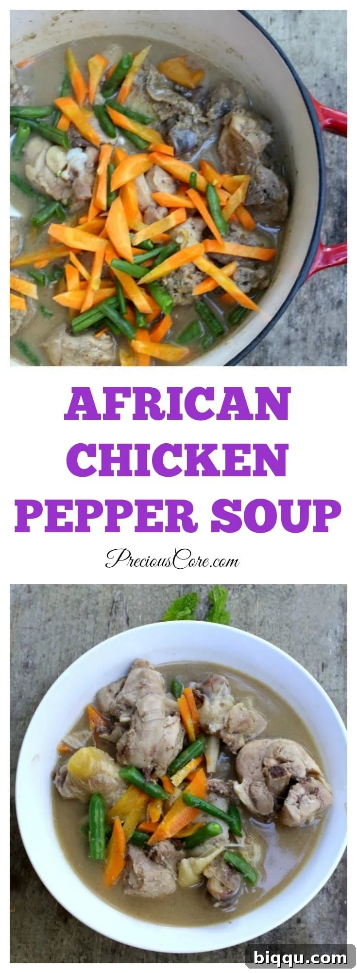A beautifully presented bowl of African Chicken Pepper Soup with a side of plantains.