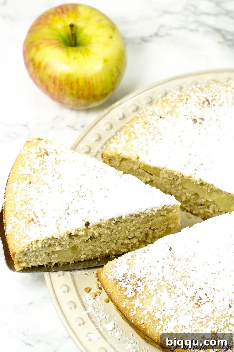 A triangle slice of apple cake freshly cut from the whole cake.