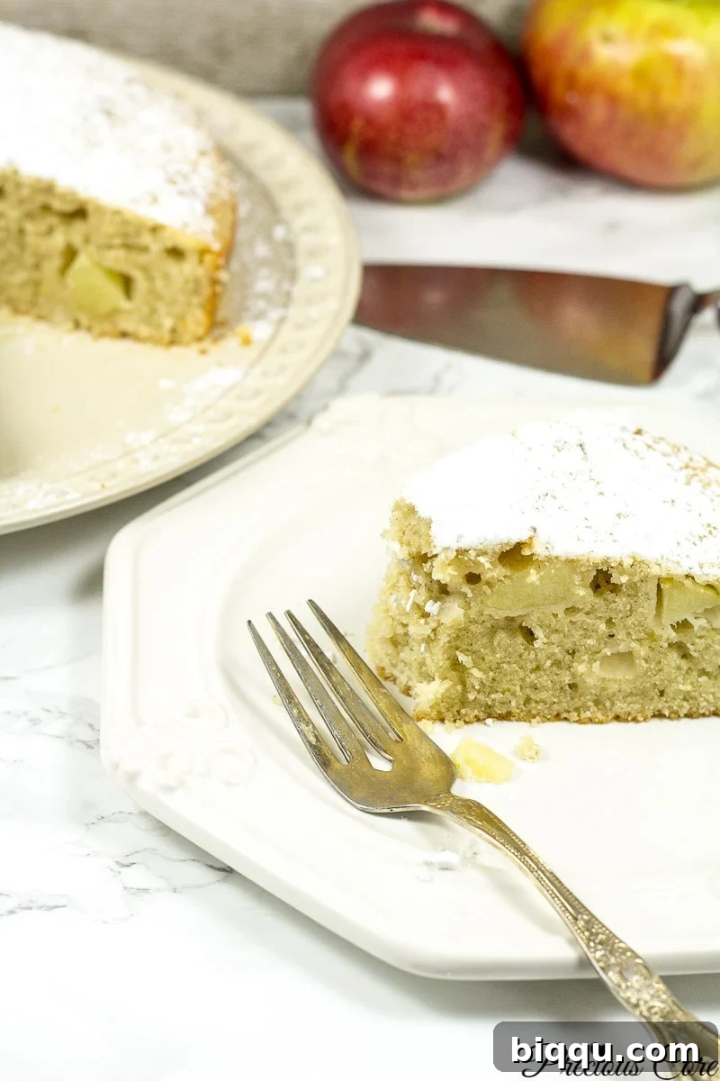 A slice of apple cake presented on a white plate with a fork nearby.