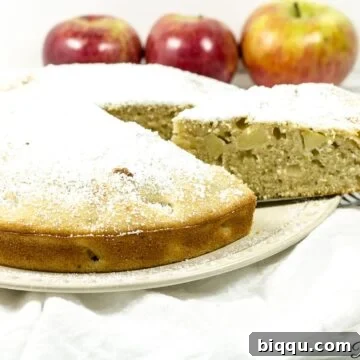 A beautifully baked apple cake with a slice being removed, highlighting its texture.
