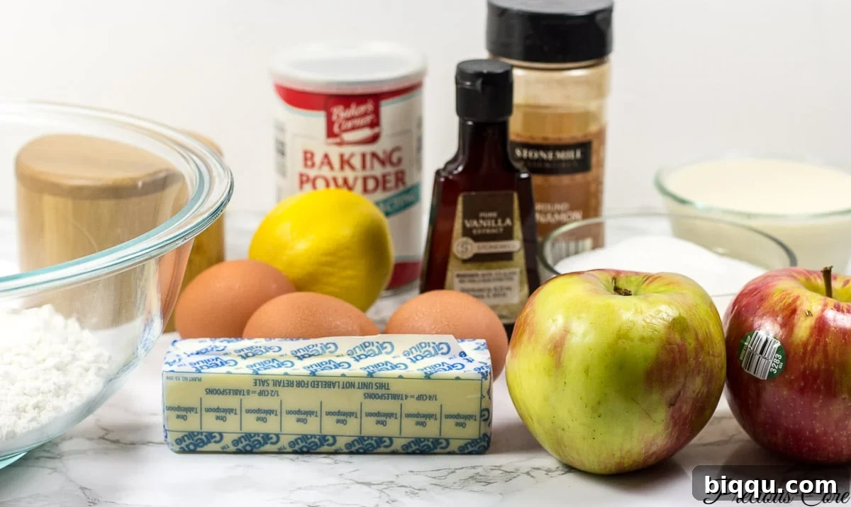A collection of fresh ingredients laid out for making old fashioned fresh apple cake.