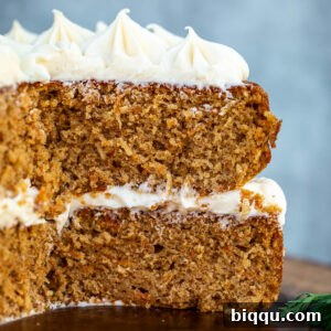 Layered carrot cake with cream cheese icing.