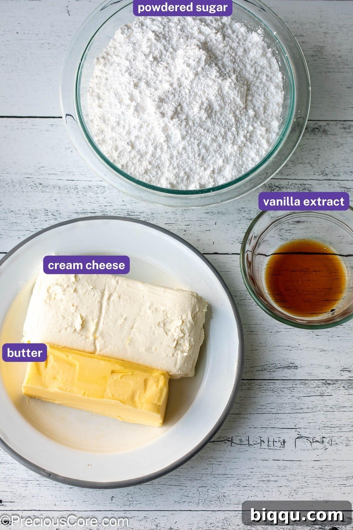 Ingredients needed for cream cheese frosting.