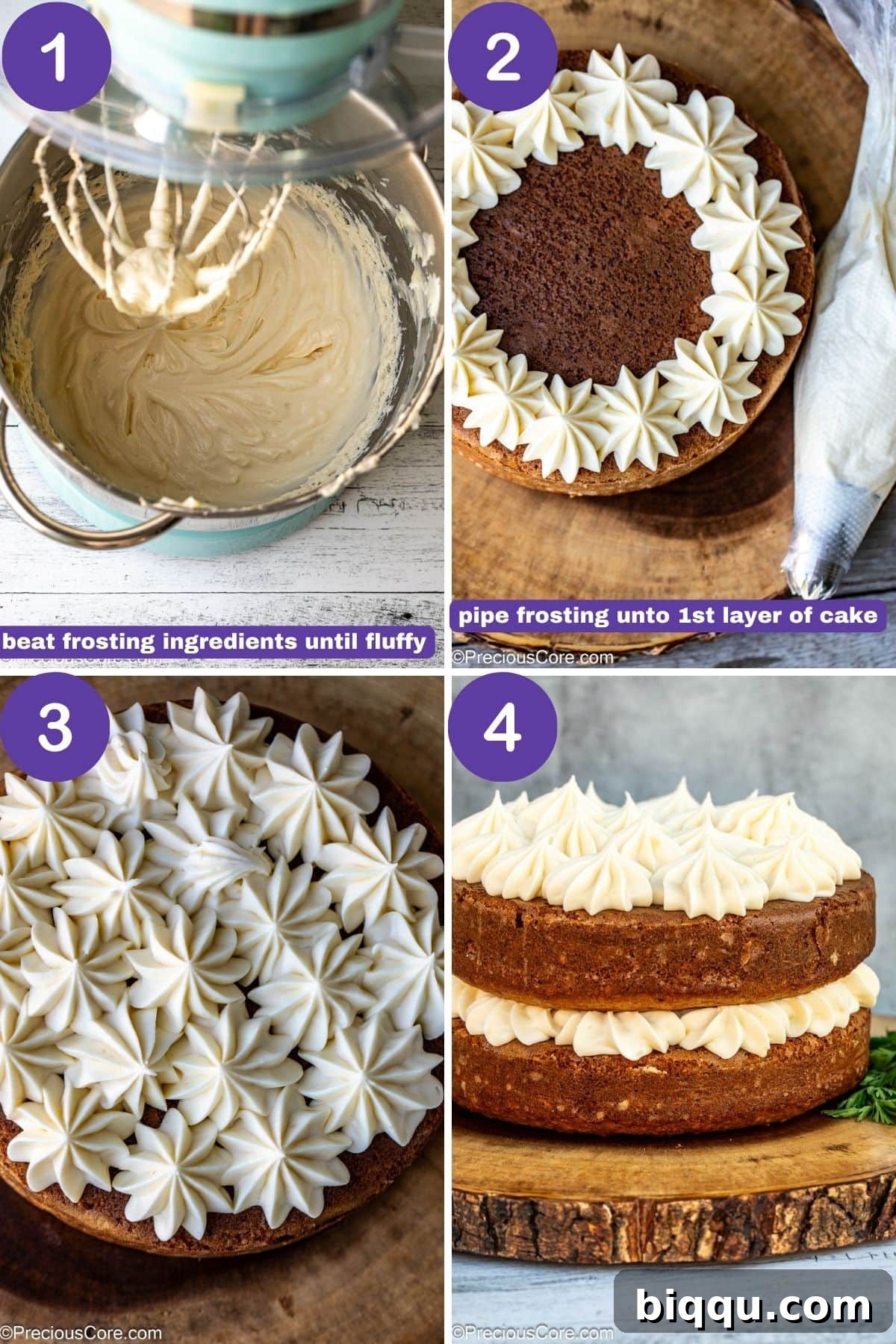 Steps for frosting an old fashioned carrot cake.