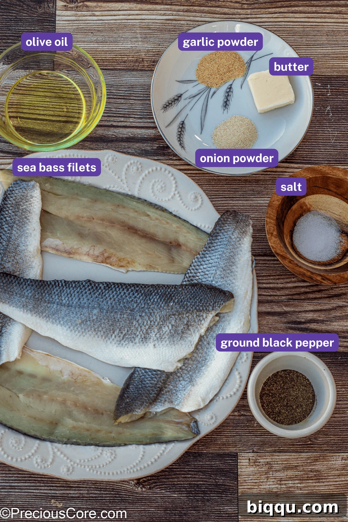 Key ingredients for Pan Seared Sea Bass laid out with labels.