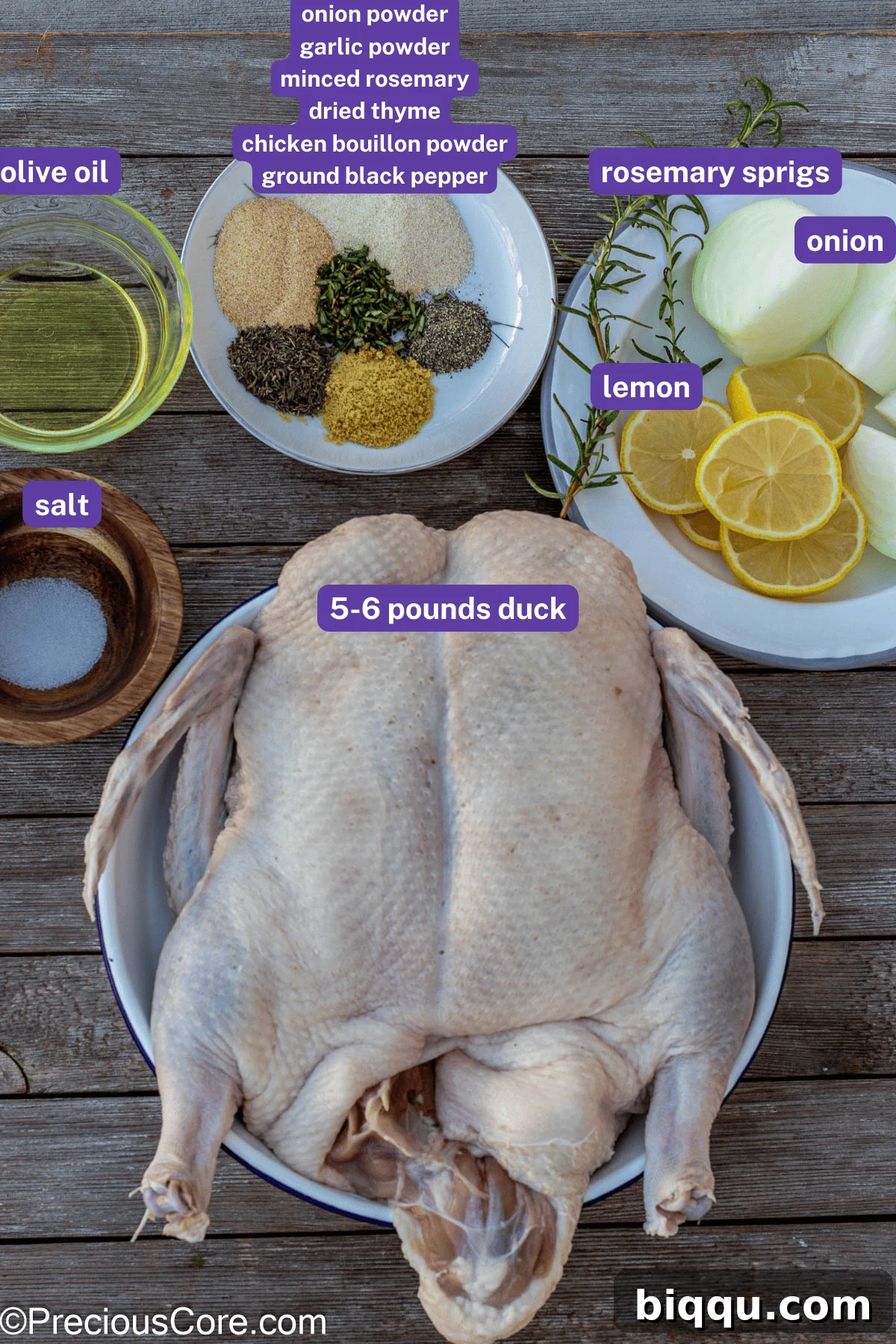 Herb Roasted Duck ingredients laid out with labels.