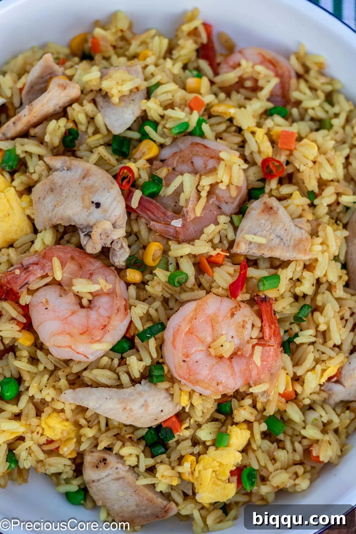 Shrimp and chicken fried rice in a white dish, garnished with fresh green onions.