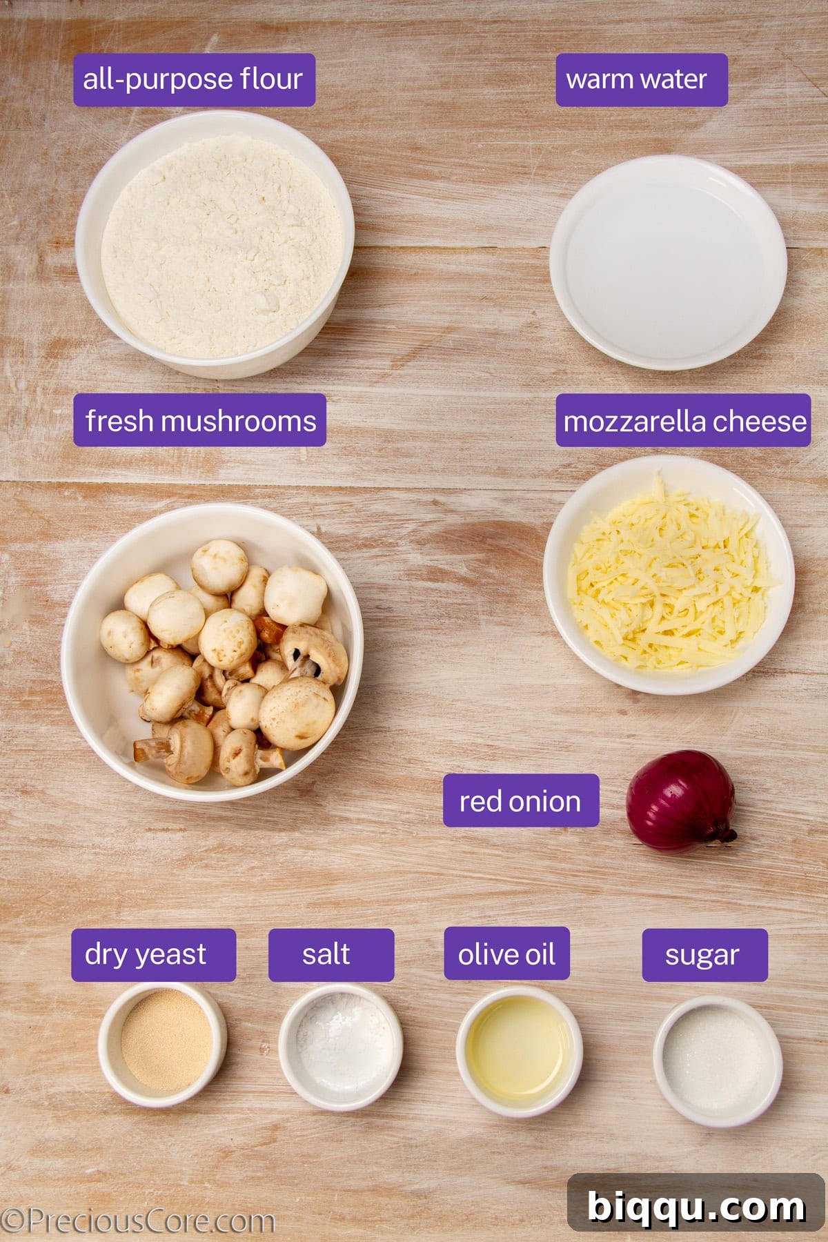 Ingredients for easy mushroom pizza.