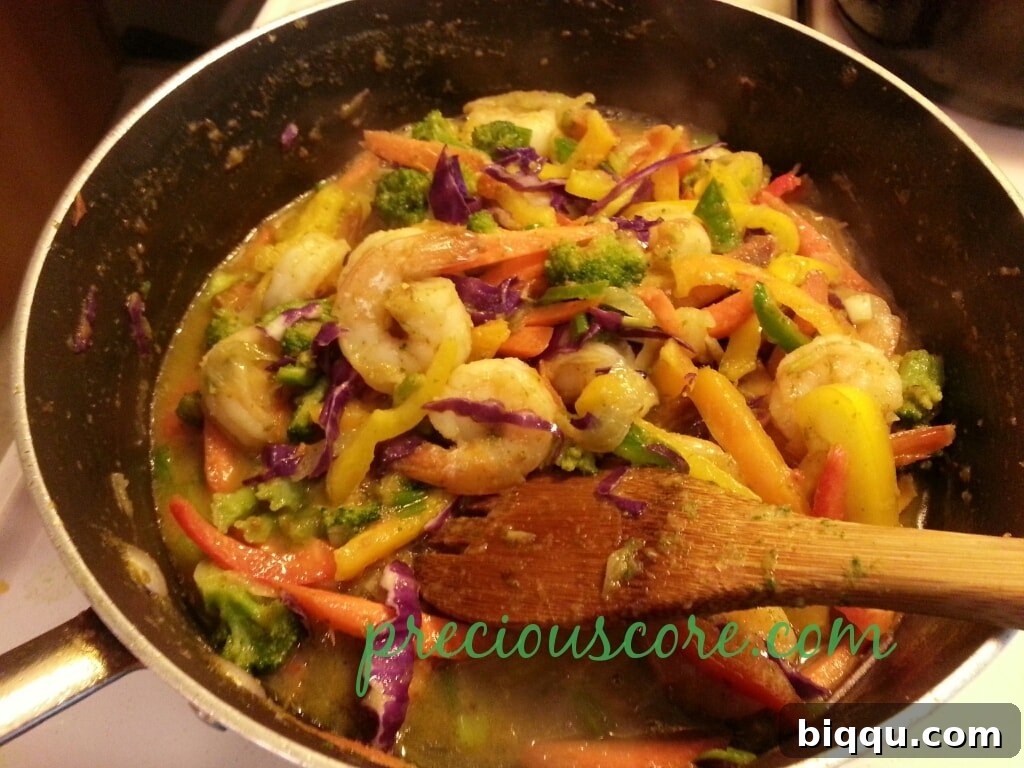 A Generous Serving of Healthy Deliciousness A serving of the shrimp and vegetable stir fry.