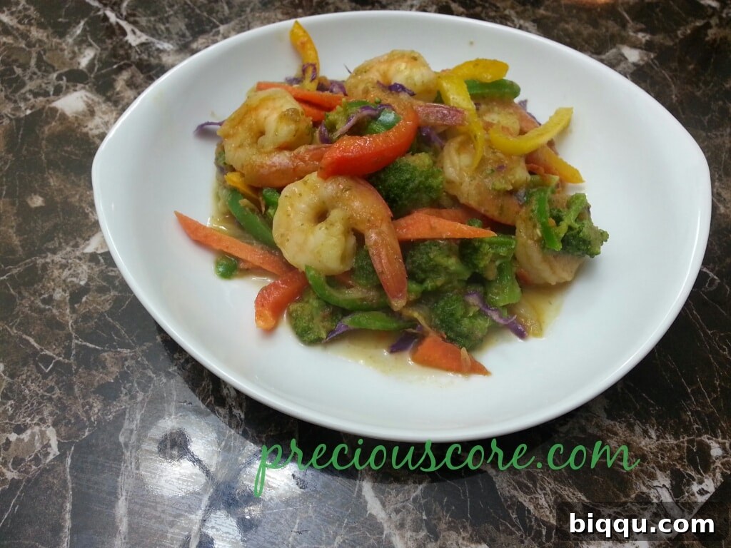 Finished Shrimp and Veggie Stir Fry - A Visual Feast Another angle of the cooked stir fry, showcasing its rich colors and textures.
