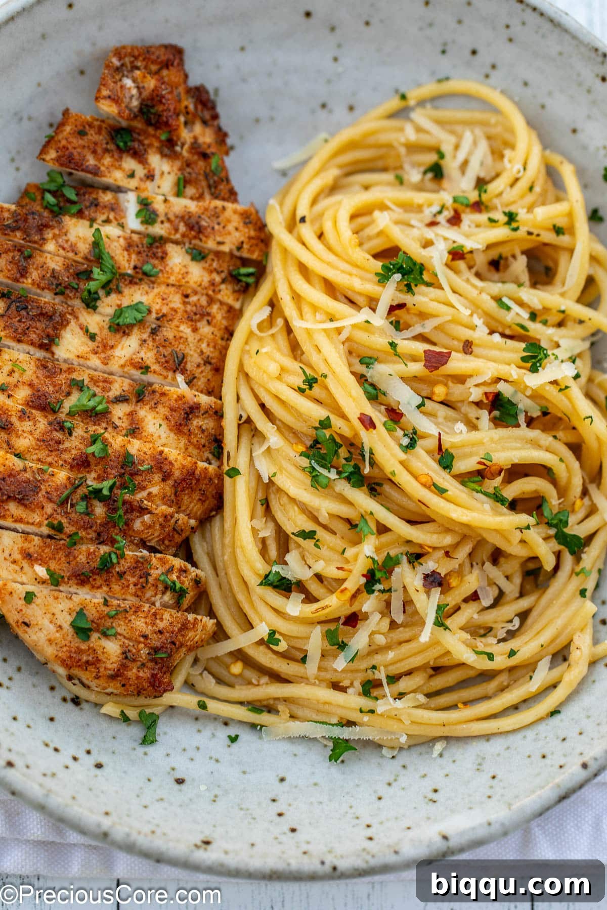 Garlic butter chicken pasta in a bowl.