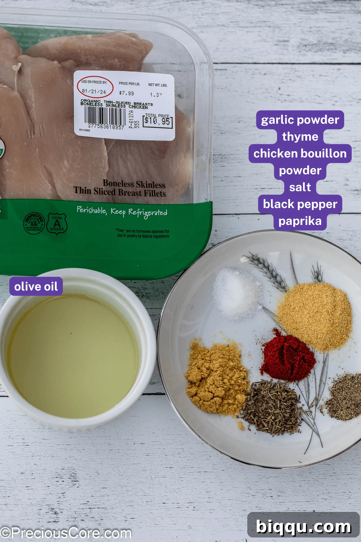 Labeled ingredients for thin sliced chicken breasts.