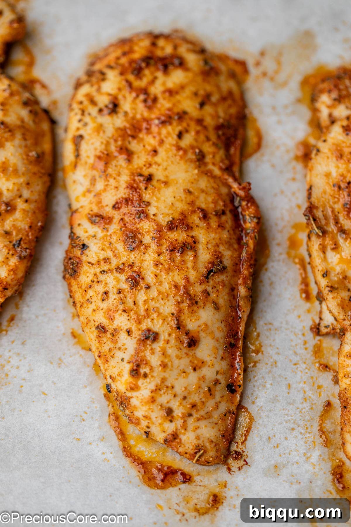 Close-up of perfectly golden-brown, juicy baked chicken breasts, garnished with fresh herbs, ready to be served.