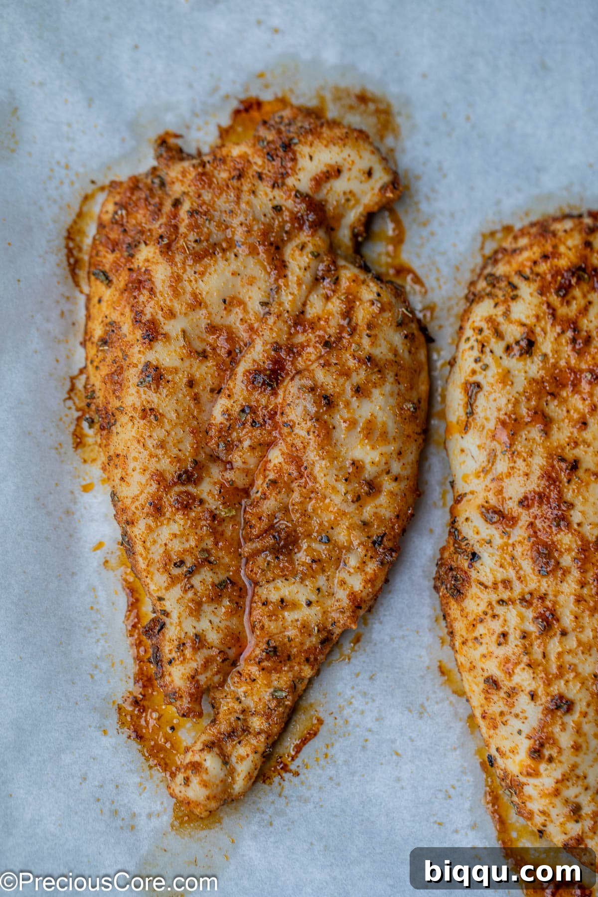 A close-up view of a single, perfectly cooked thin chicken breast, showcasing its inviting golden color and tender texture, garnished with a sprig of fresh rosemary.