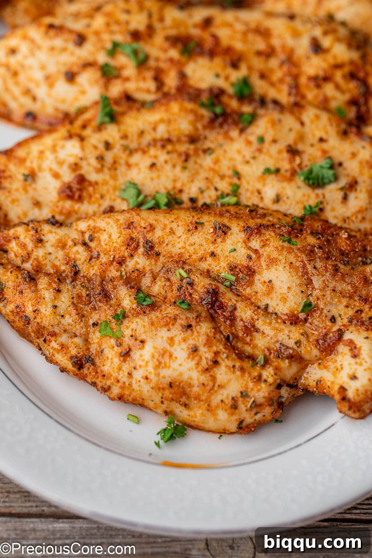 Close-up shot showcasing the golden-brown crust and moist, tender interior of a baked thin chicken breast, perfectly cooked and ready to enjoy.