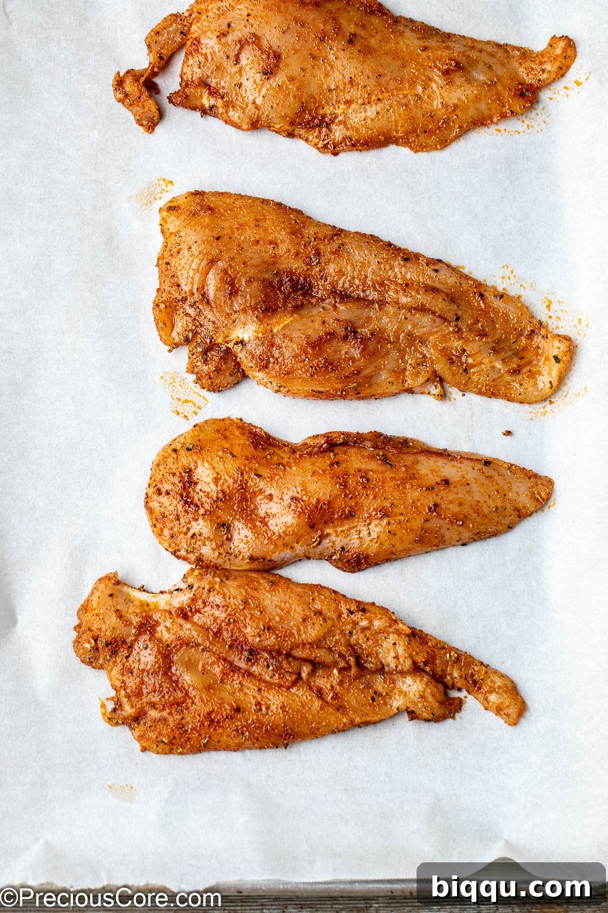 Seasoned thinly sliced chicken breasts meticulously arranged on parchment paper on a baking sheet, perfectly spaced and prepared for the oven.