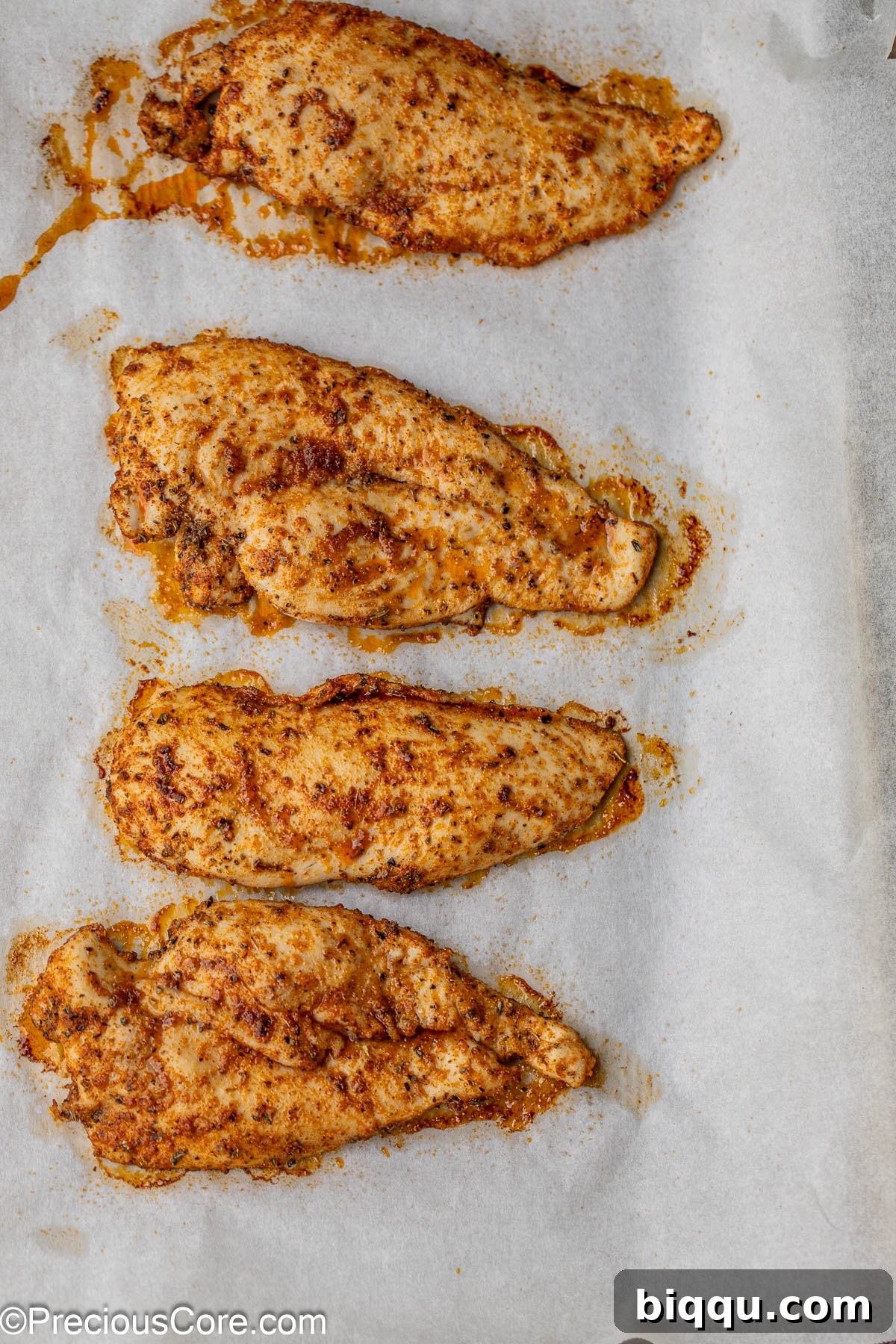 Four golden-brown baked chicken breasts resting invitingly on a parchment paper-lined baking sheet, freshly out of the oven, highlighting their crispy exterior.