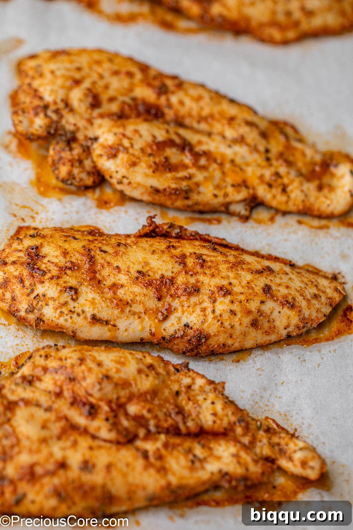 A baking sheet filled with perfectly baked thin-sliced chicken breasts, golden-brown and glistening, arranged on parchment paper, ready to be enjoyed.