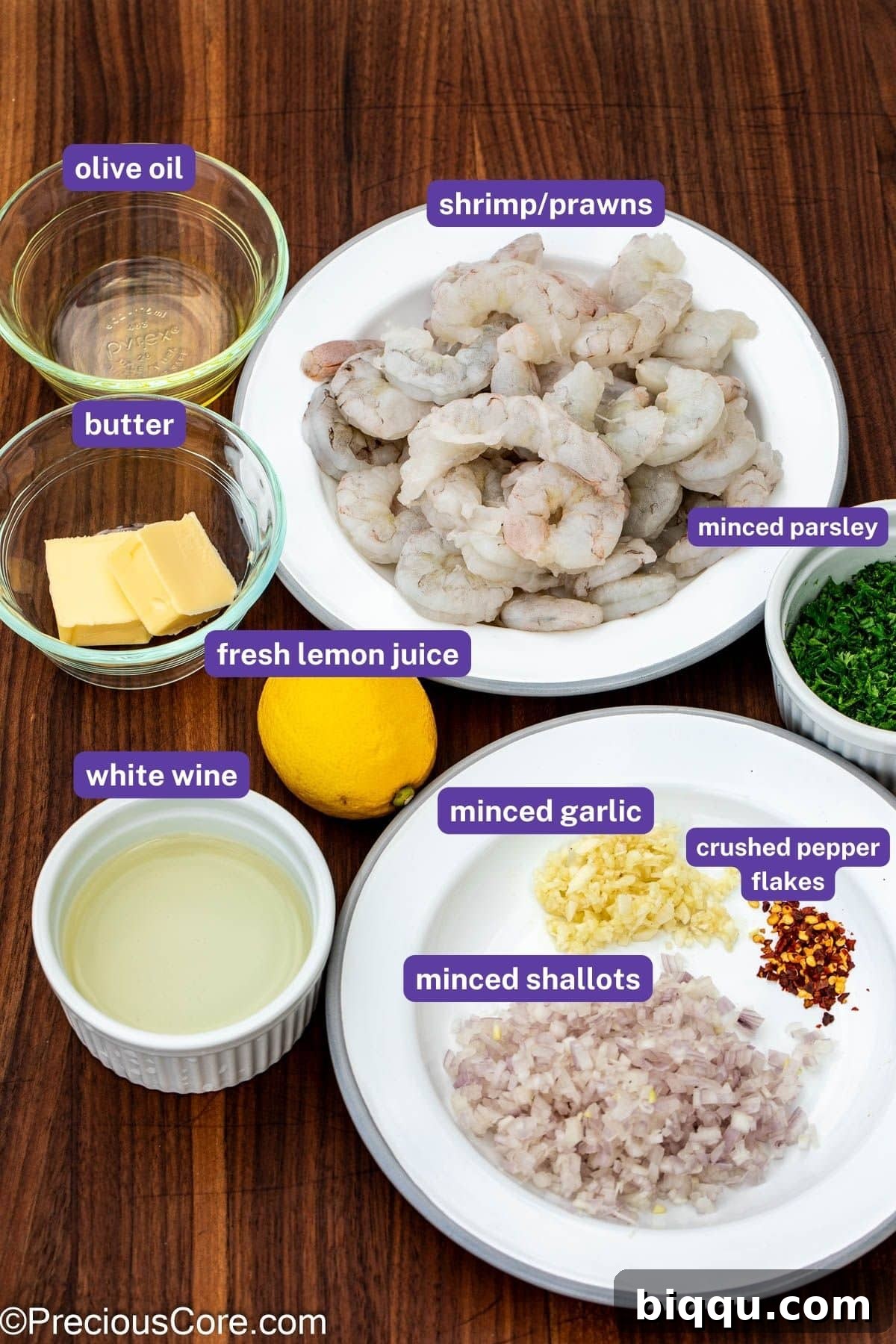 Organized ingredients for Shrimp In White Wine sauce, showing key components clearly.