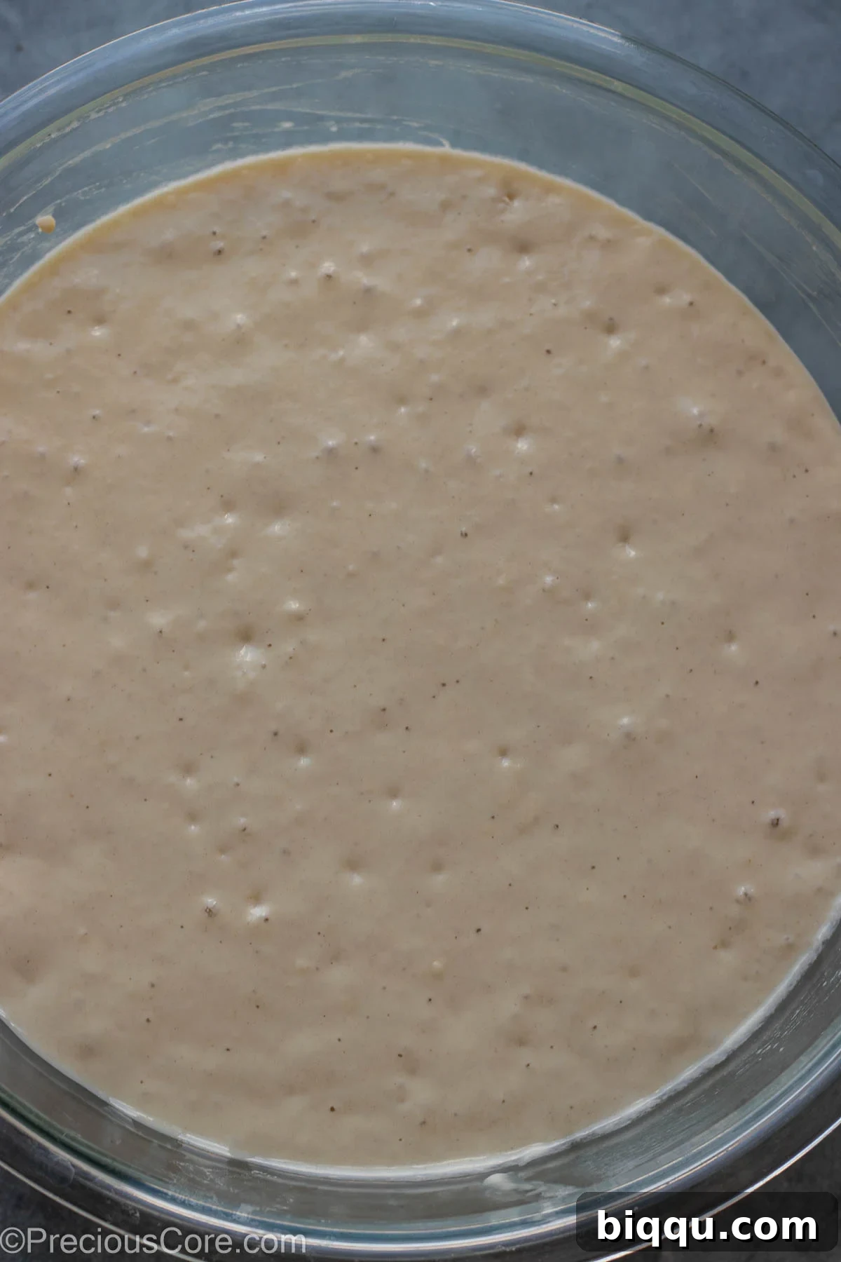 Puff Puff batter after rising, showing increased volume and visible bubbles on the surface.