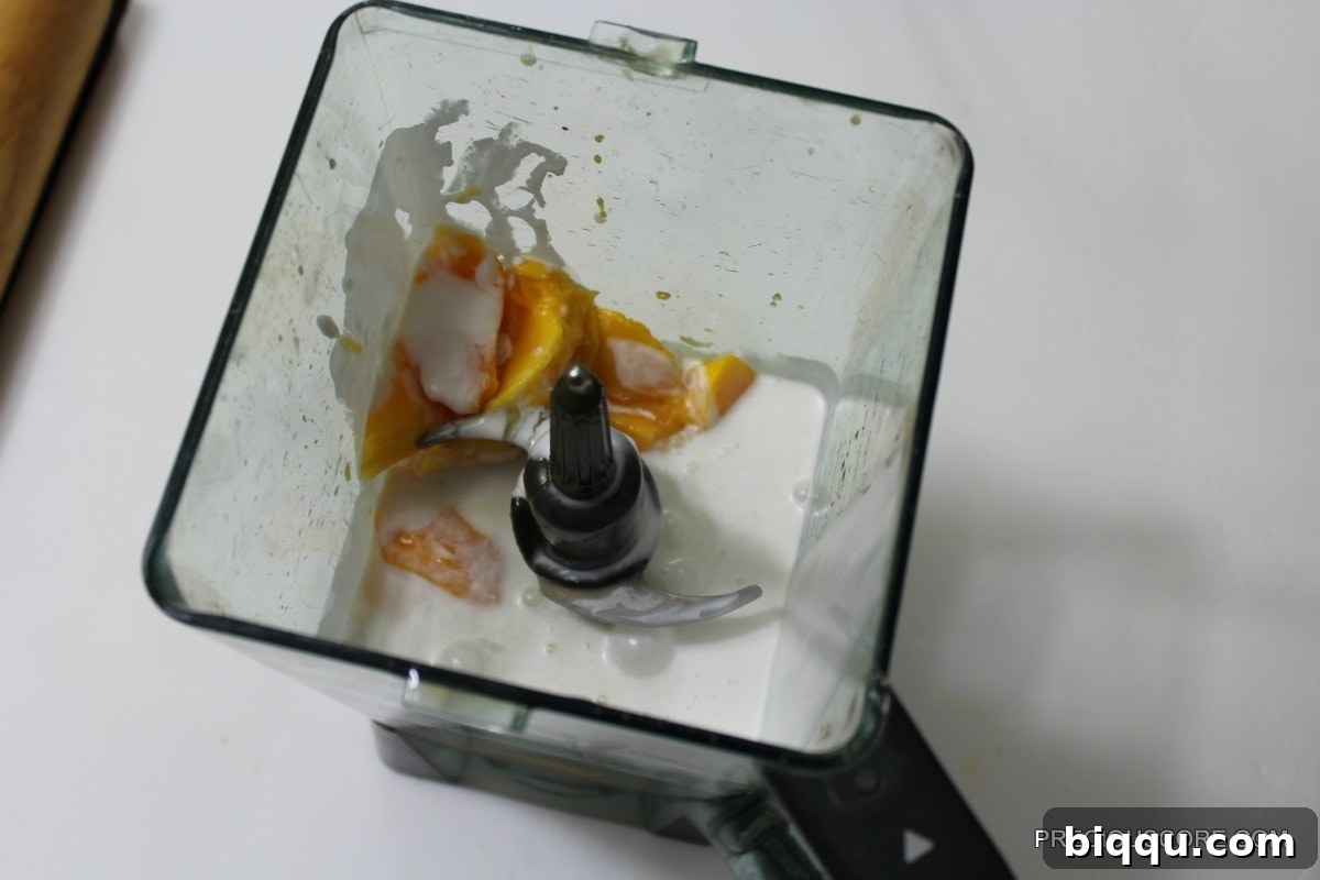 Mango, coconut milk, and honey in a blender