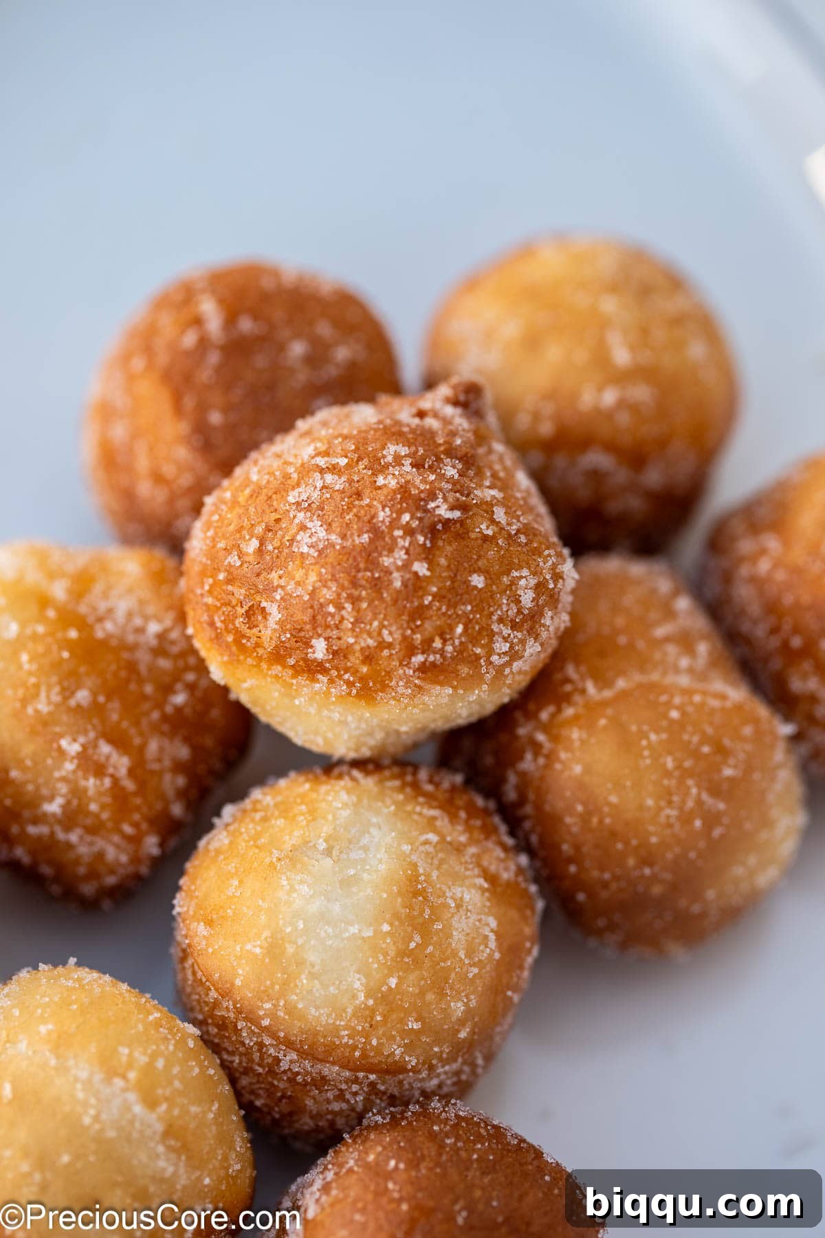 Donut holes coated with sugar.
