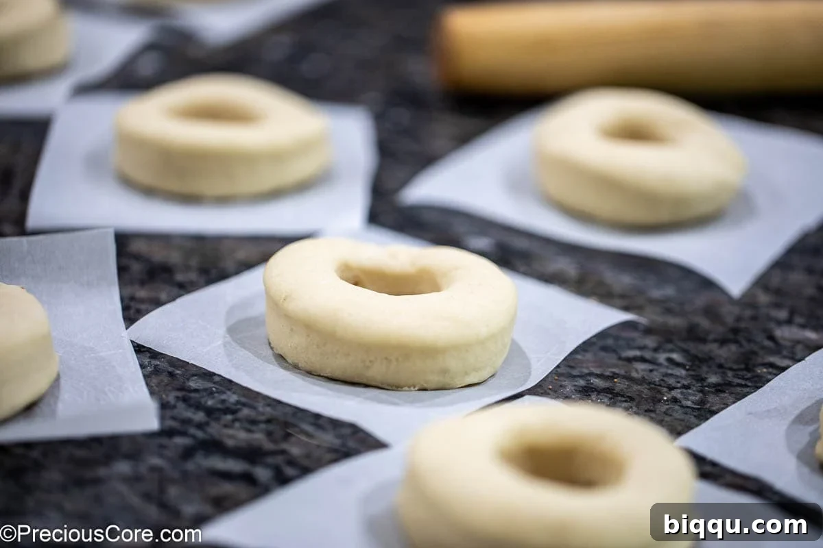 Cut out donuts on parchment paper squares.