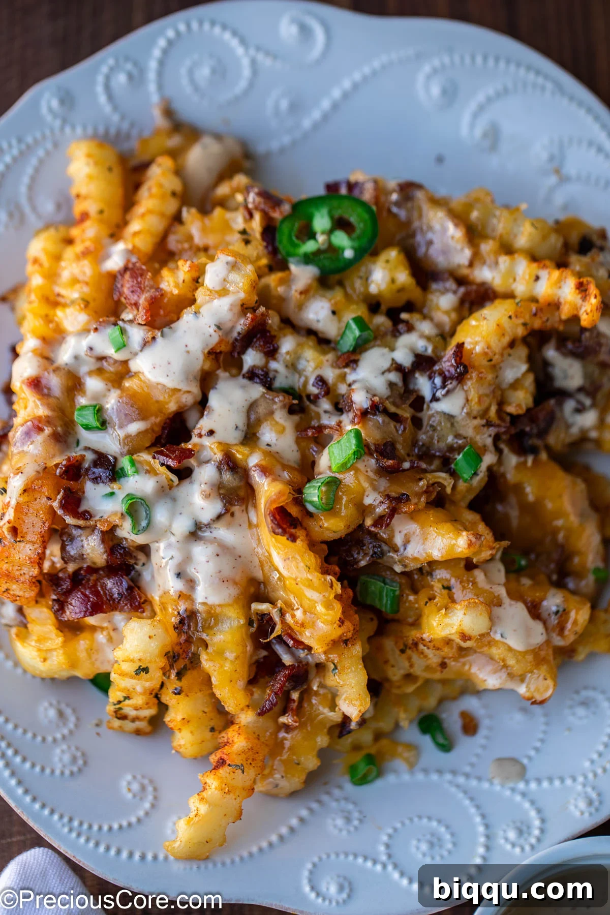A close-up shot of Loaded French Fries served on a pristine white plate, showcasing the vibrant green onions, melted cheese, and crispy bacon.