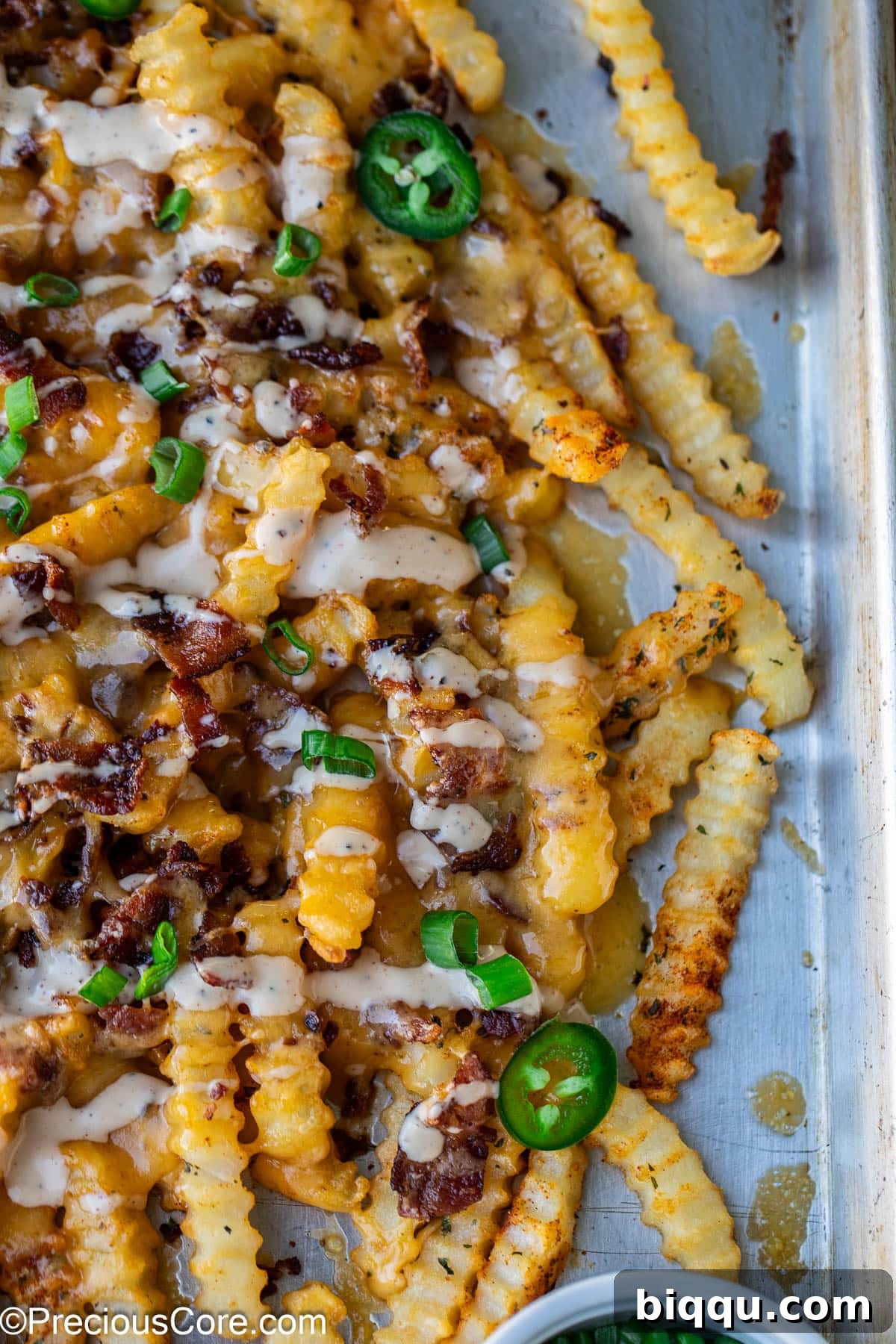 Close-up of crispy French fries fully covered in melted, bubbly cheese, creating an irresistible golden texture.