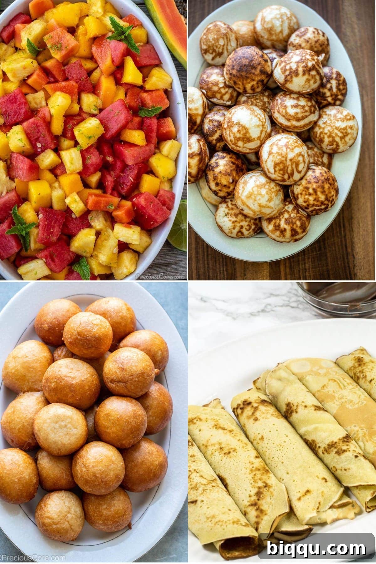 Collage of four African breakfast food recipes including twisted doughnuts and fruit salad.