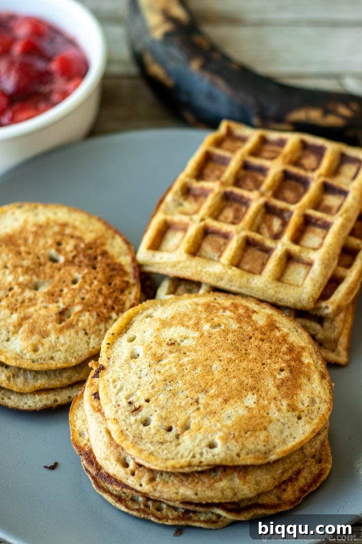 Plantain pancakes and plantain waffles on a serving plate.