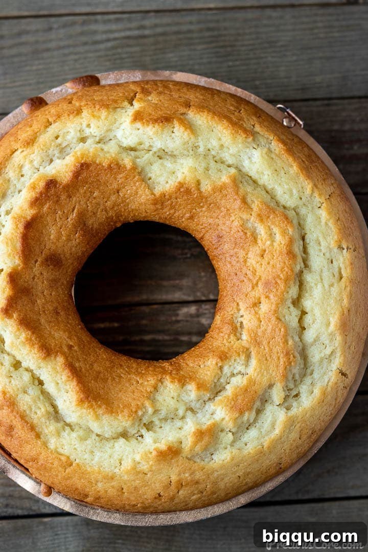 Yogurt cake in a bundt baking pan, freshly baked and golden.