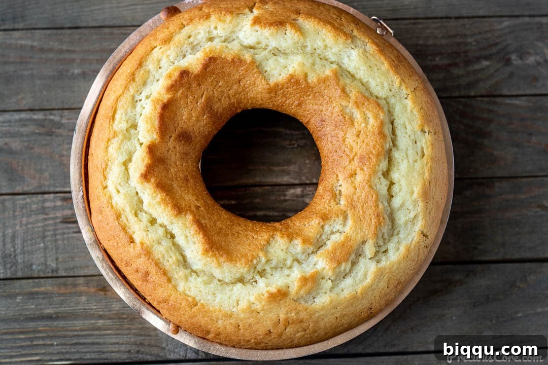 Freshly baked yogurt cake cooling in a bundt baking pan, golden brown.