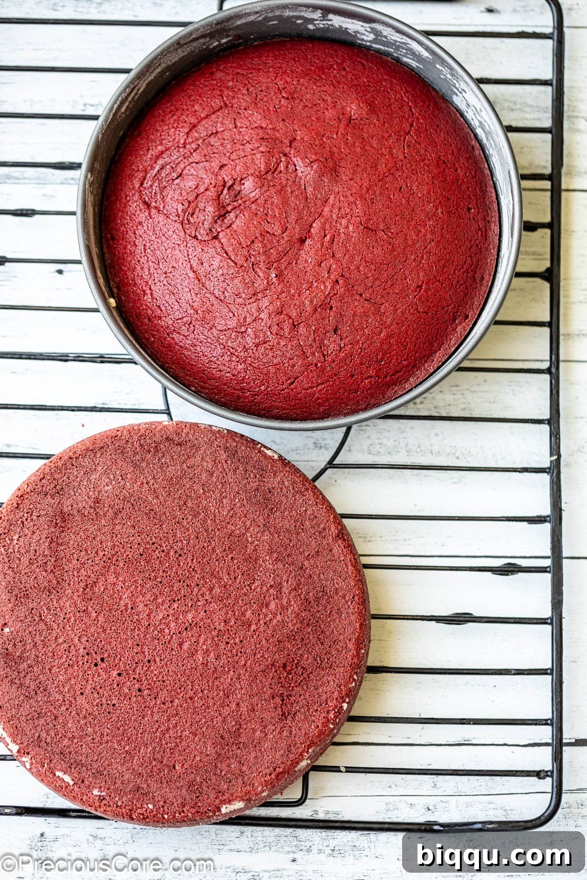 Velvet Dream Cake Without Buttermilk 11 Freshly baked red velvet cake layers cooling on a wire rack, perfectly golden around the edges.