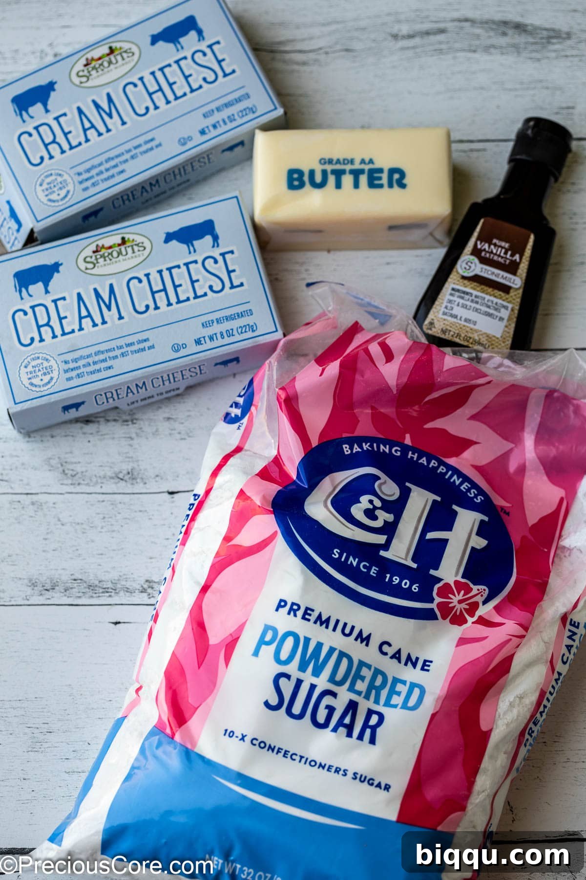 Velvet Dream Cake Without Buttermilk 6 Ingredients for making creamy, tangy cream cheese frosting, including cream cheese, butter, powdered sugar, and vanilla.