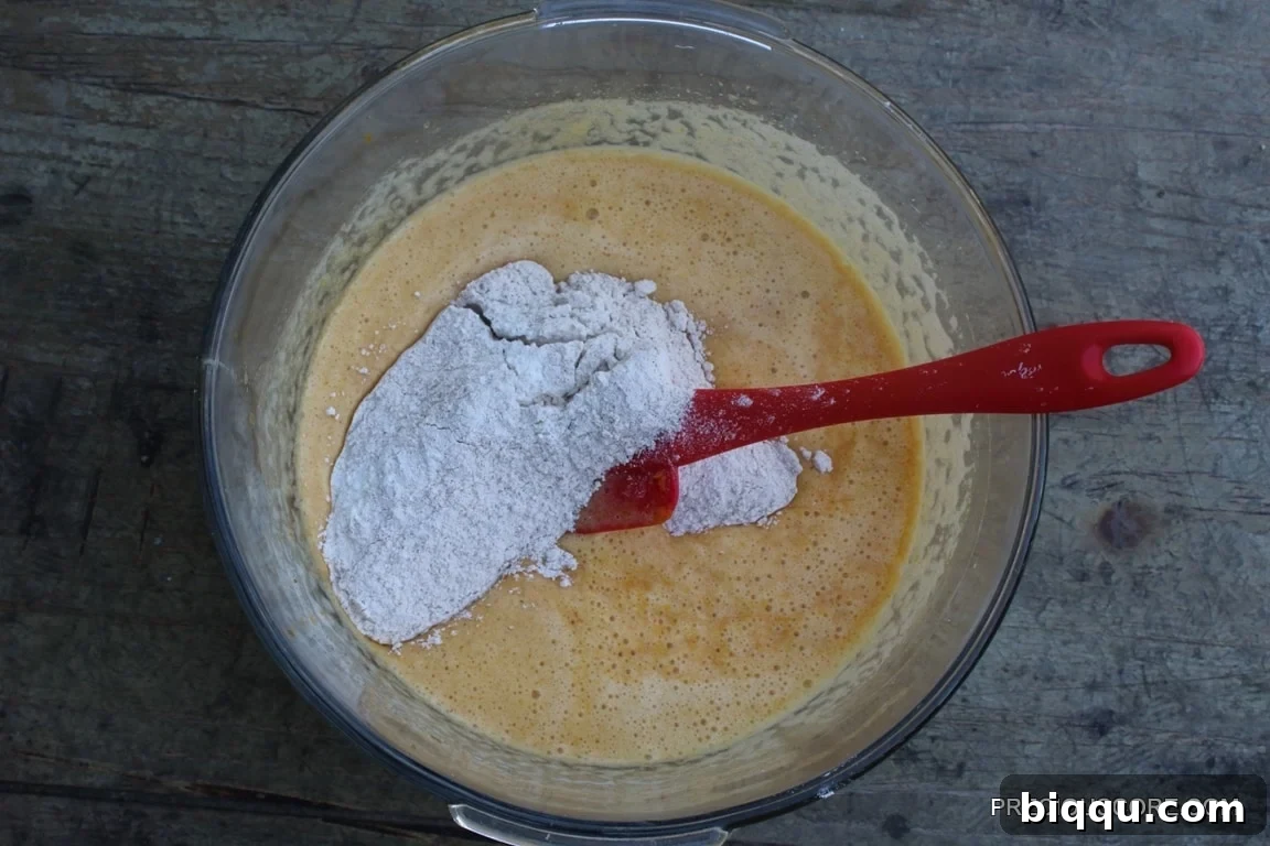 Wet and dry cake ingredients being gently combined in a mixing bowl.