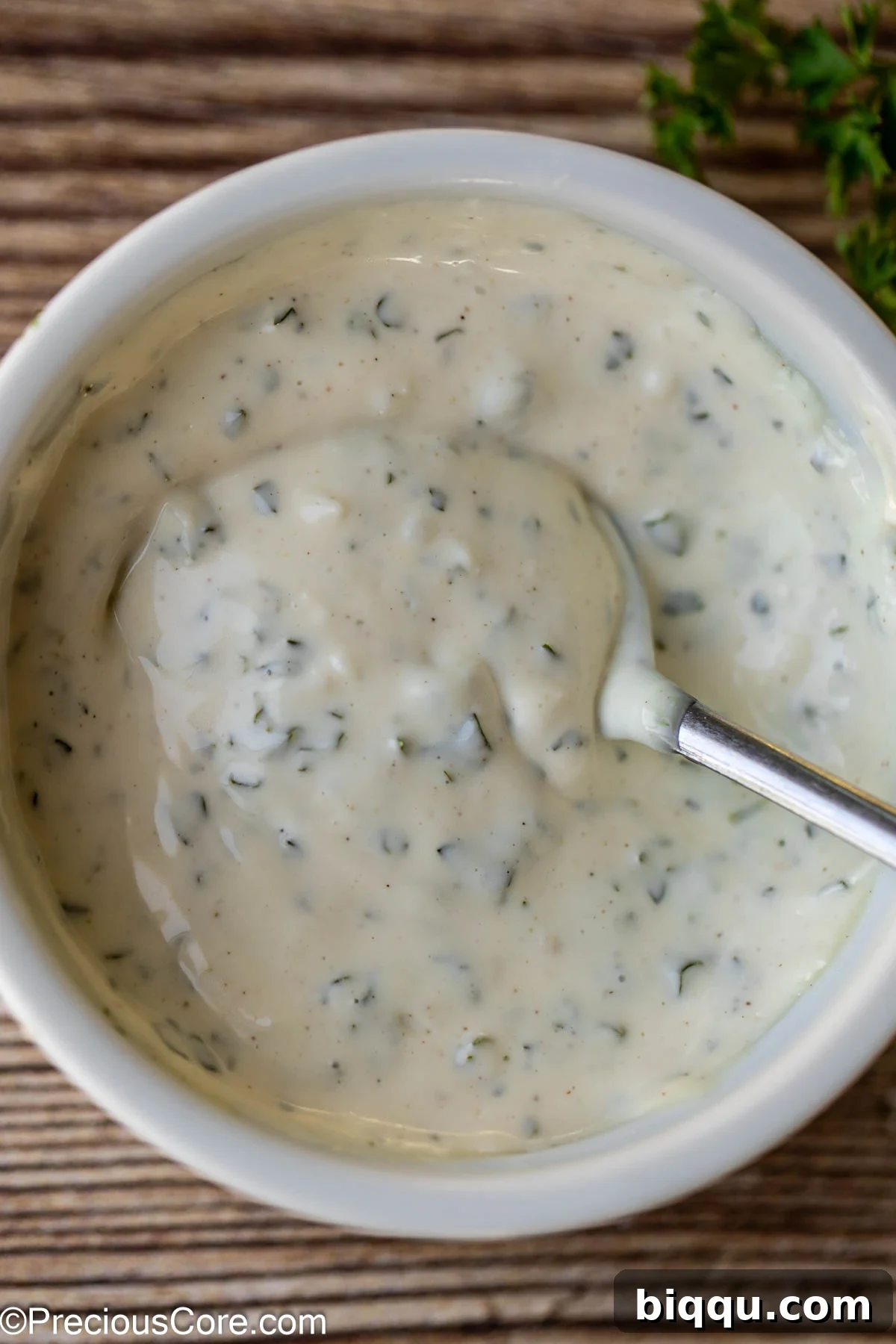 A spoon delicately dipping into a bowl of creamy white shawarma sauce, highlighting its smooth and inviting texture.