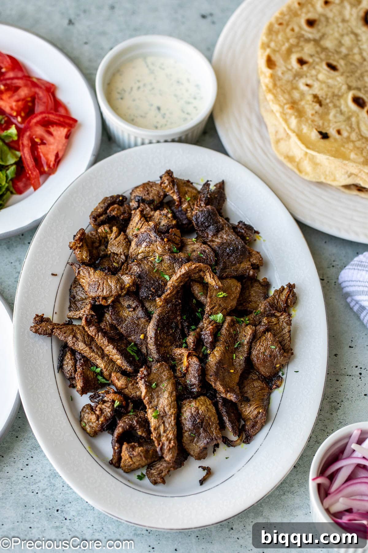 Beef shawarma on a platter.