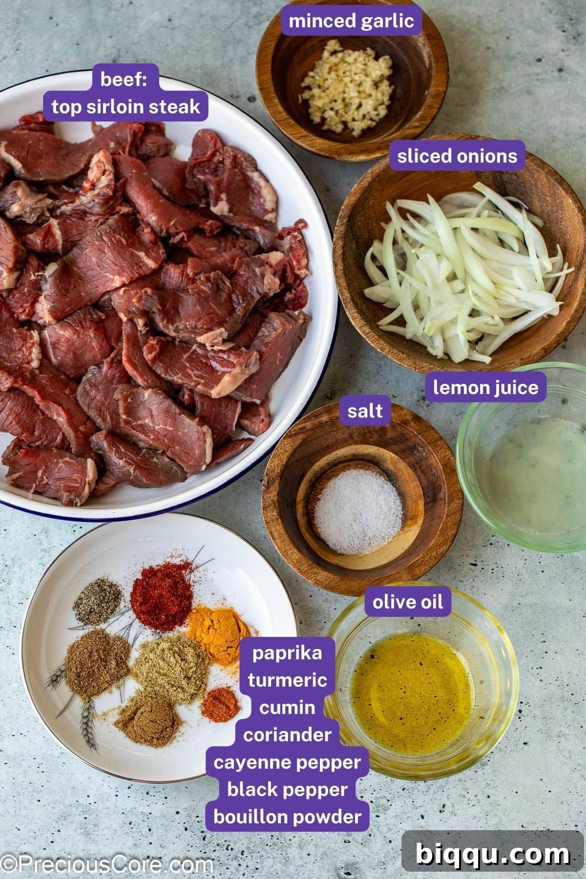 Ingredients for making beef shawarma.