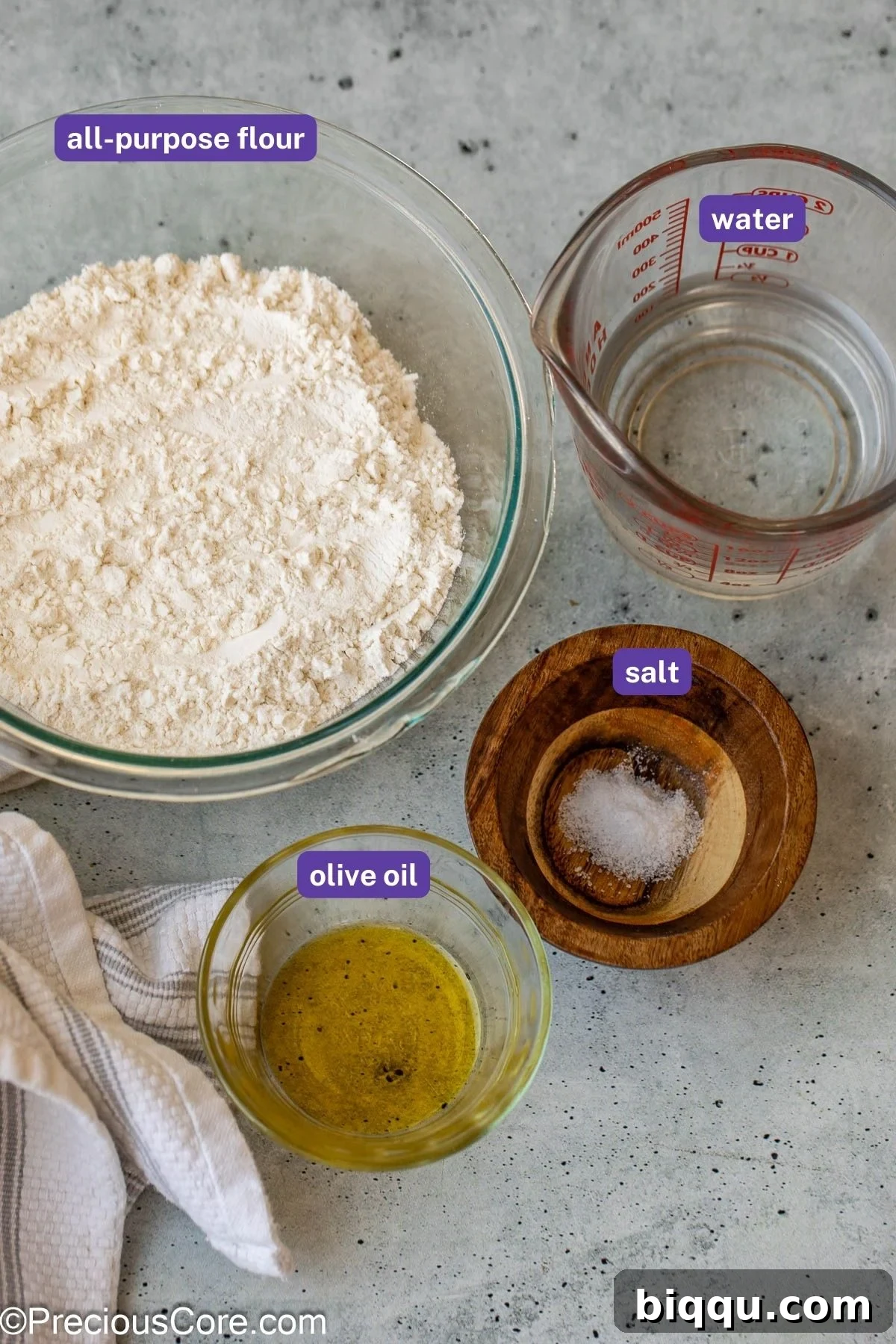 Golden Shawarma Wraps 5 Measured ingredients for shawarma bread.
