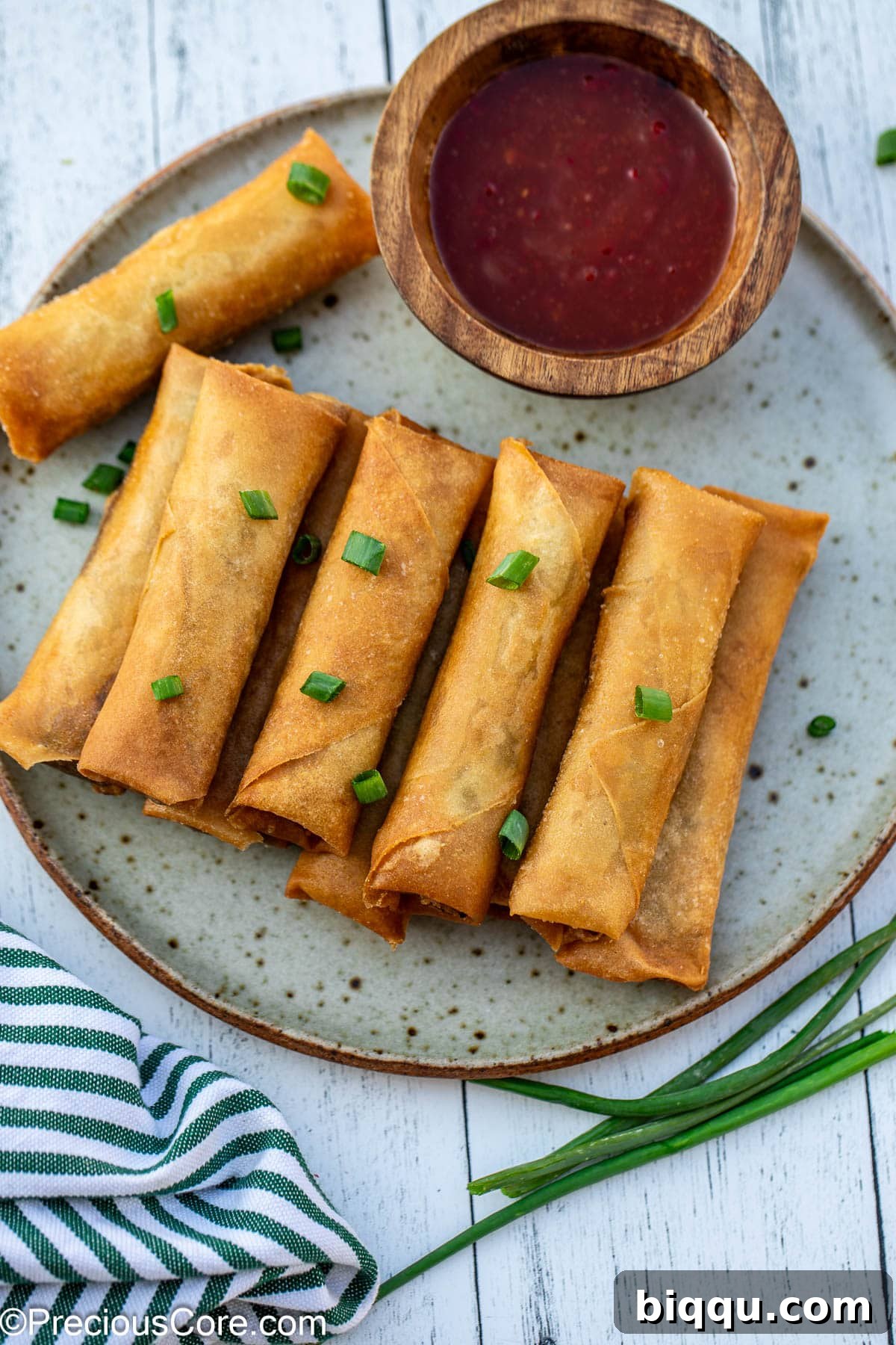 Savory Beef Spring Rolls 2 Plated beef spring rolls, golden and crispy.