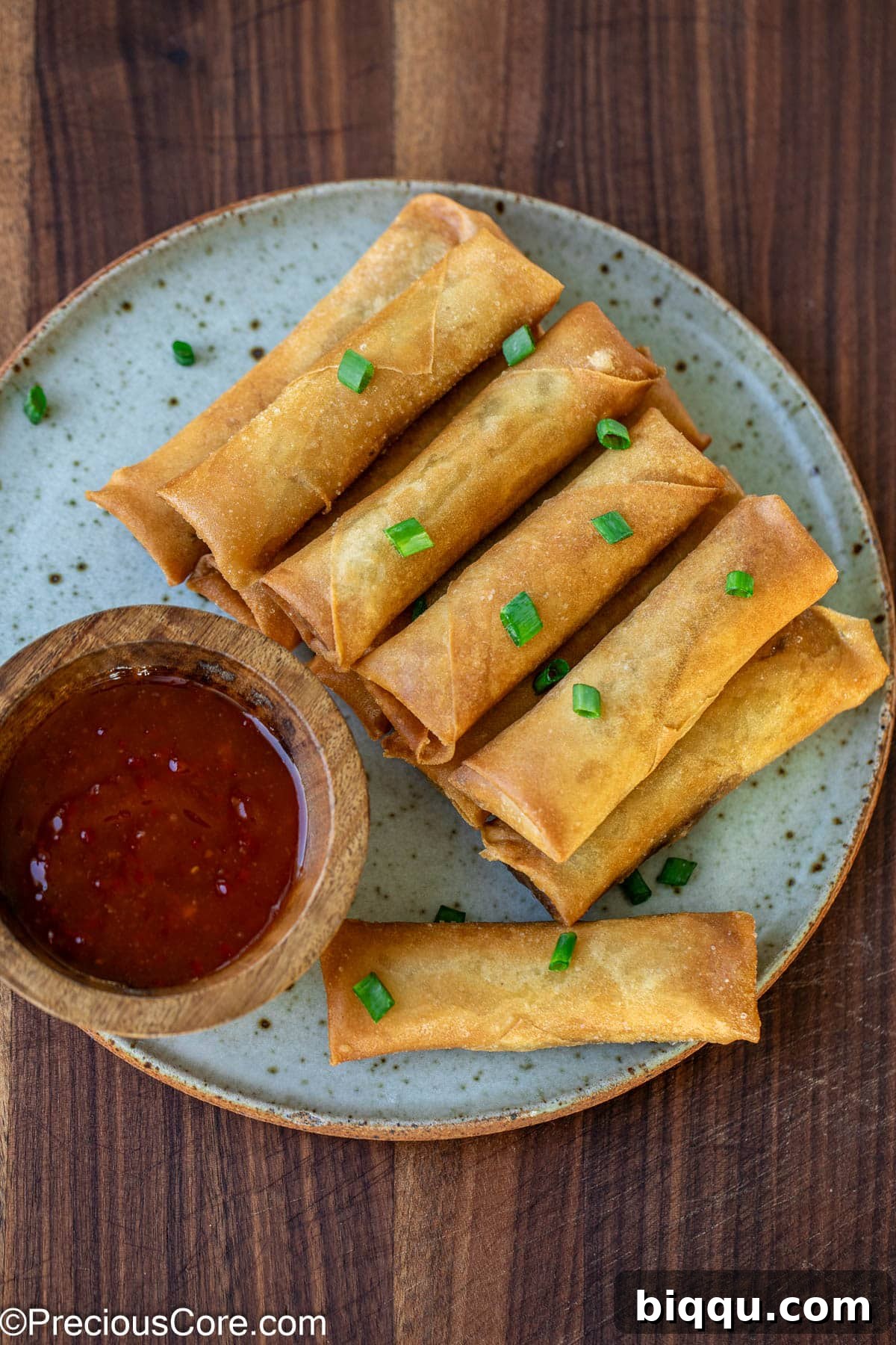 Savory Beef Spring Rolls 13 Chinese Spring Rolls beautifully arranged on a plate with dipping sauce.