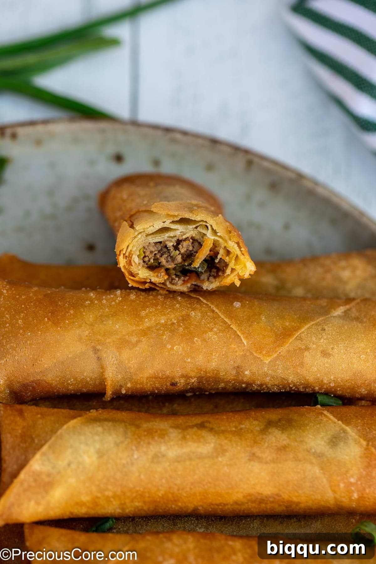 Savory Beef Spring Rolls 3 Close-up of a beef spring roll with a bite taken out, showing the savory filling.