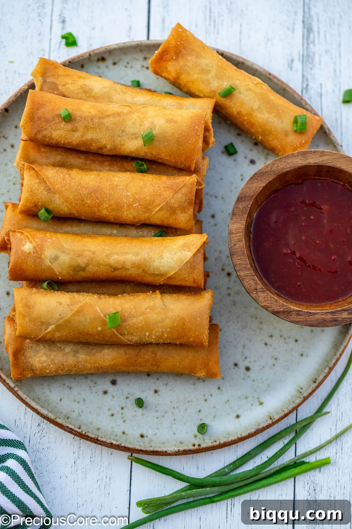 Savory Beef Spring Rolls 5 Golden brown spring rolls on a plate, with a small bowl of dipping sauce.