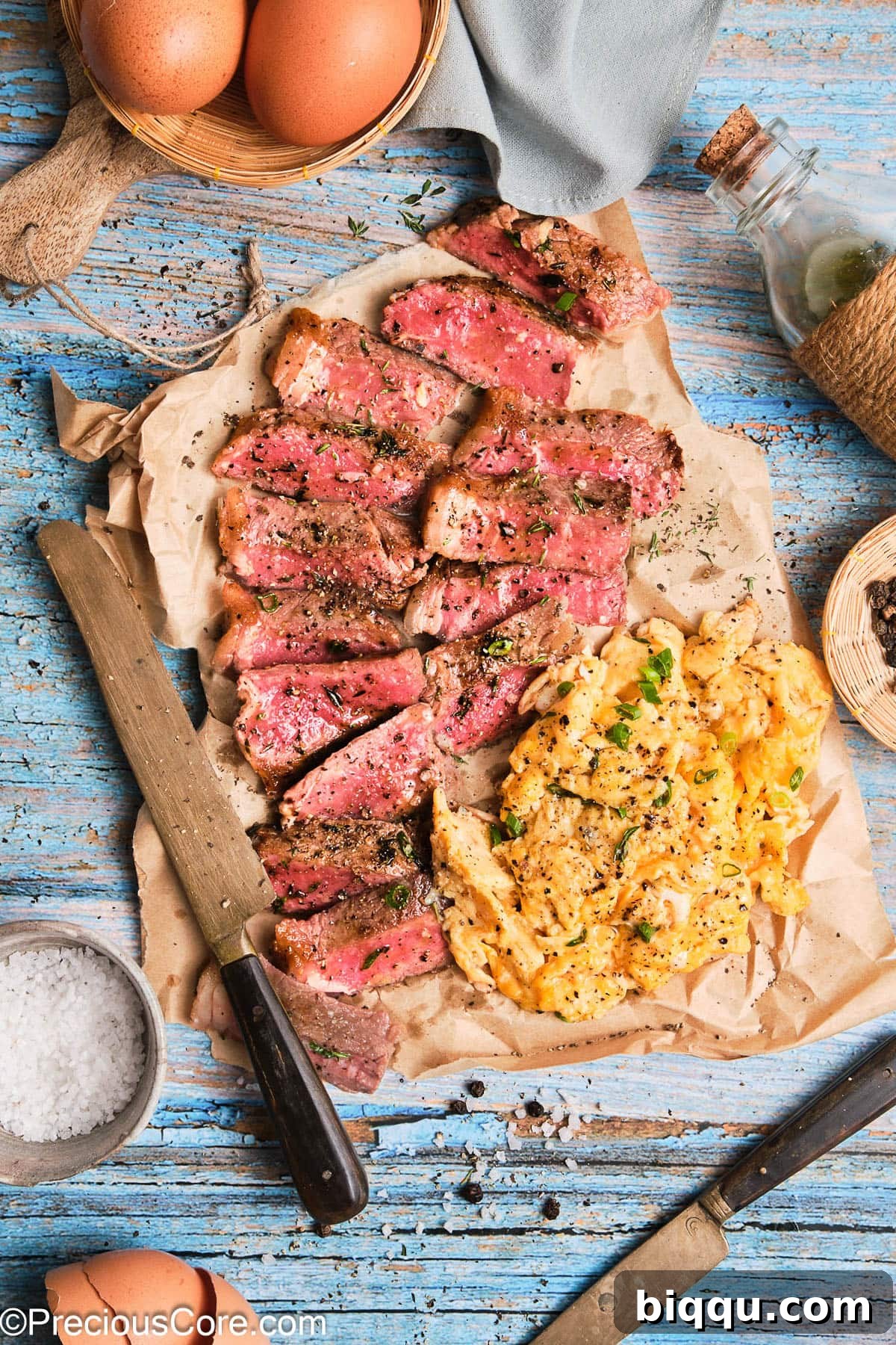 A vibrant and appealing serving of cooked steak and fluffy scrambled eggs on a plate, ready to be enjoyed.
