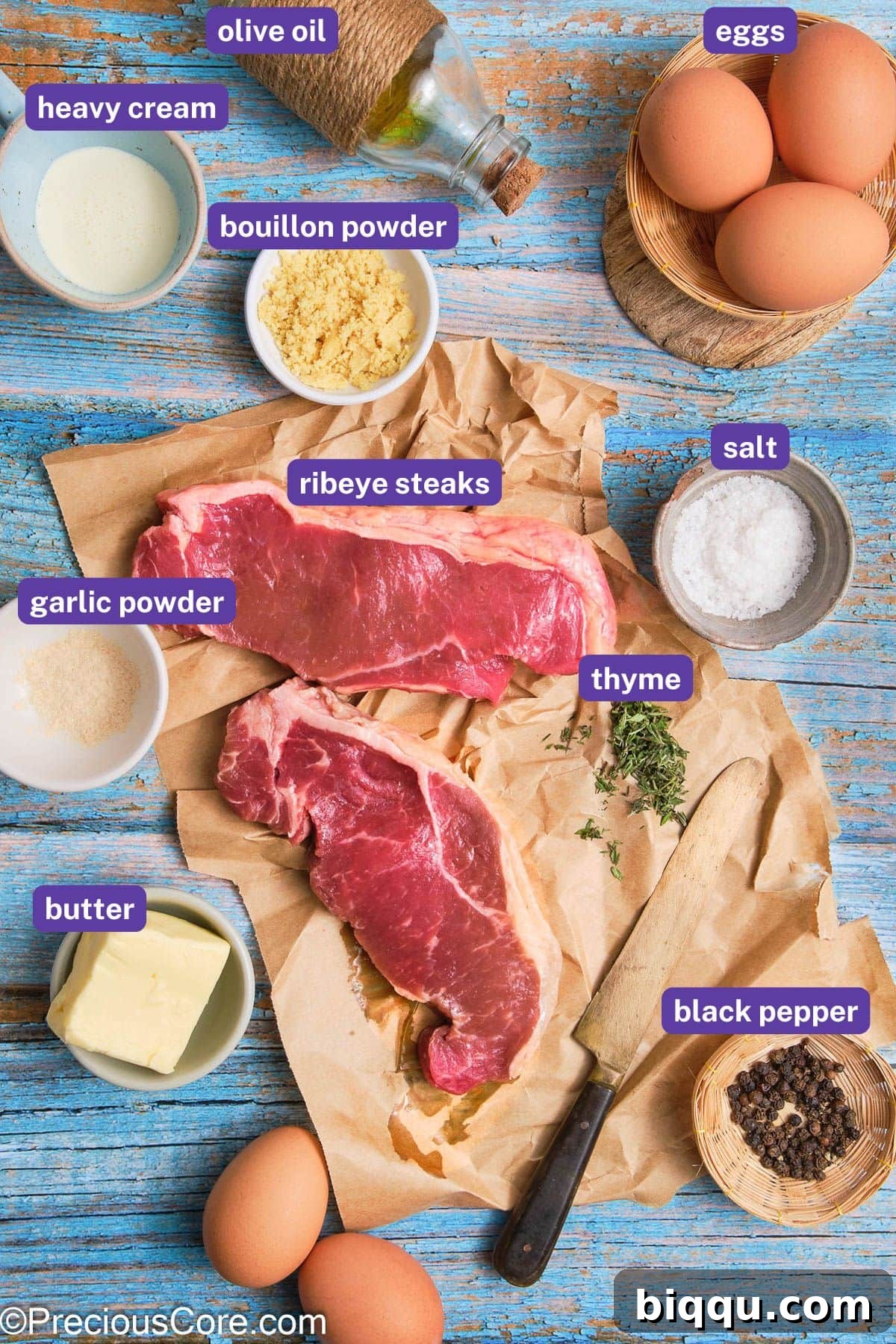 All the fresh ingredients laid out, clearly labeled, for making Steak and Scrambled Eggs.